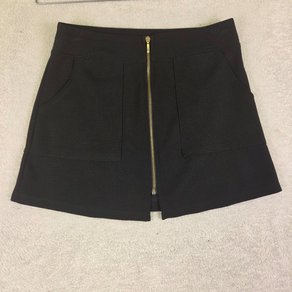 Black Textured Mini Skirt Exposed Gold Front Zipper Pockets A-Line High Waist
